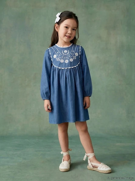 LCW Kids Mavi Bebe Yaka Çiçek Nakışlı Kız Çocuk Elbise ürün görseli 1
