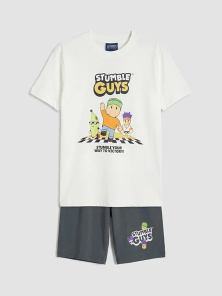 LCW Kids Ekru Stumble Guys Baskılı Erkek Çocuk Şortlu Pijama Takımı ürün görseli 1