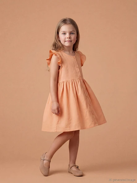LCW Kids Mercan Kız Çocuk Fırfırlı Keten Görünümlü Elbise ürün görseli 1