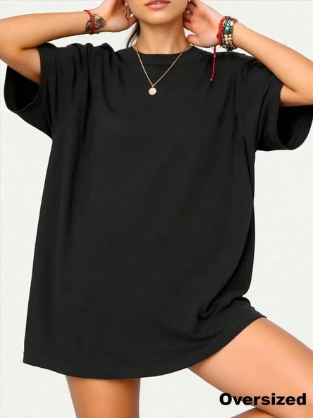 Premium Kalite Siyah Geniş Kesim Oversize T-Shirt - Düşük Omuzlu Pamuklu Bol Tişört ürün görseli 1