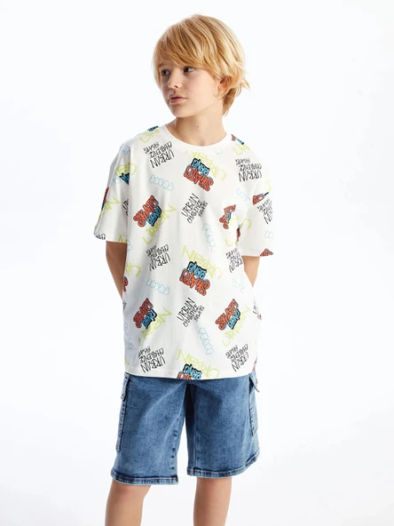 LCW Kids Ekru Oversize Bisiklet Yaka Erkek Çocuk Tişört ürün görseli 1