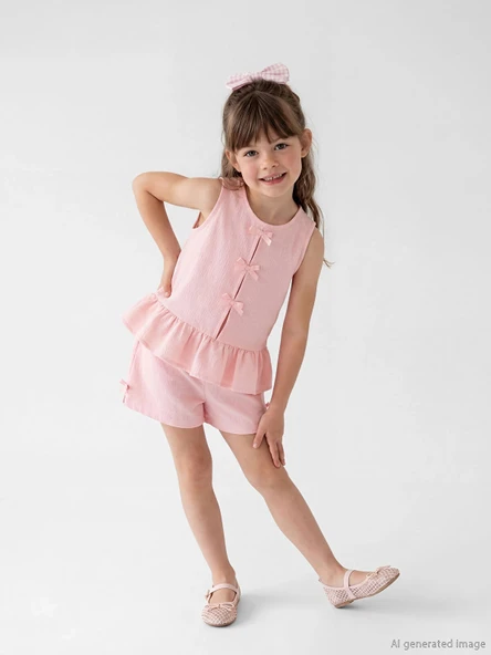 LCW Kids Pembe Fiyonklu Kız Çocuk Bluz ve Şort ürün görseli 1