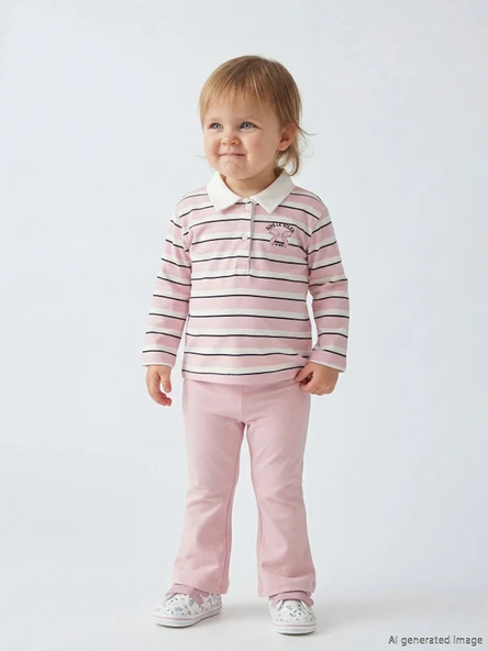 LCW baby Ekru Polo Yaka Kız Bebek Bluz ve Tayt Pantolon ürün görseli 1