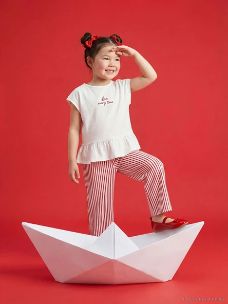 LCW Kids Ekru Bisiklet Yaka Kız Çocuk Bluz ve Pantolon ürün görseli 1