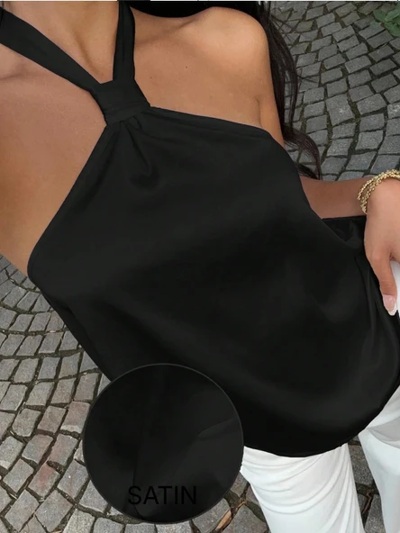 Kadın Siyah Saten Boyundan Bağlamalı Halter Yaka Bluz ürün görseli 1