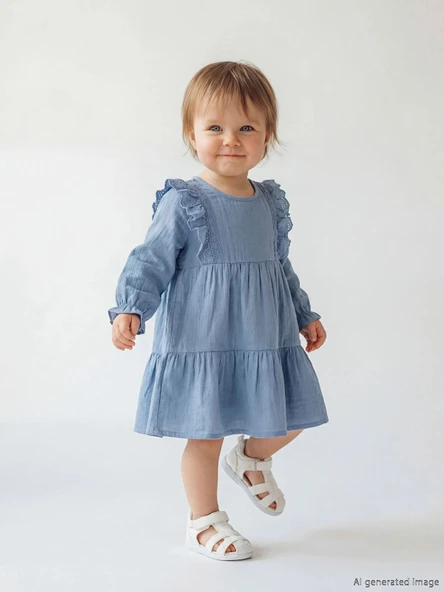 LCW baby Mavi Fırfırlı Kız Bebek Müslin Elbise ürün görseli 1