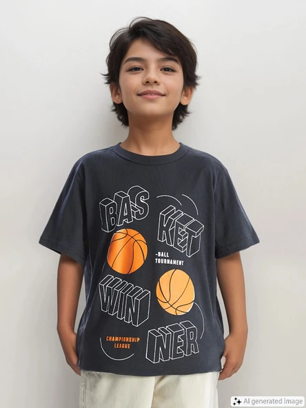 LCW Kids Antrasit Bisiklet Yaka Baskılı Kısa Kollu Erkek Çocuk Tişört ürün görseli 1