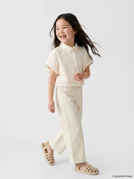 LCW Kids Ekru Kız Çocuk Taş İşlemeli Gabardin Pantolon ürün görseli 1