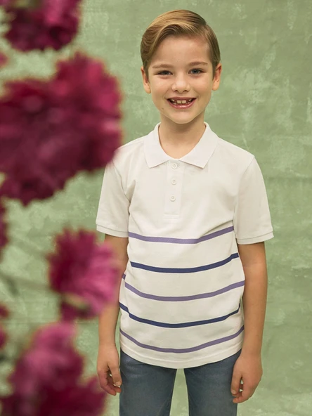 LCW Kids Beyaz Polo Yaka Çizgili Kısa Kollu Erkek Çocuk Tişört ürün görseli 1