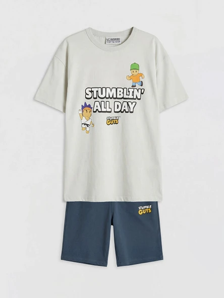 LCW Kids Bej Stumble Guys Baskılı Erkek Çocuk Tişört ve Şort ürün görseli 1