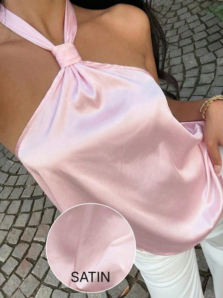 Kadın Pembe Saten Boyundan Bağlamalı Halter Yaka Bluz ürün görseli 1