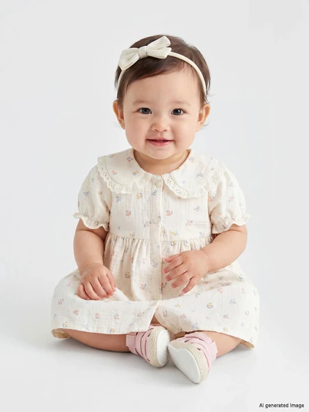 LCW baby Bej Bebe Yaka Çiçek Desenli Kız Bebek Elbise ürün görseli 1