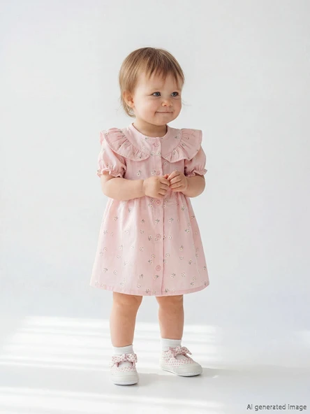LCW baby Pembe Bebe Yaka Çiçekli Kız Bebek Elbise ürün görseli 1