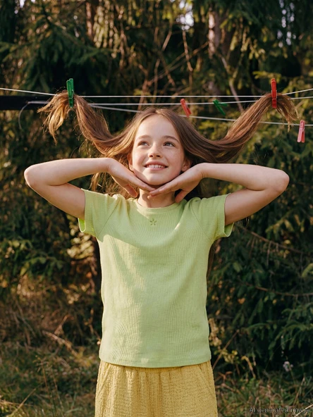 LCW Kids Yeşil Bisiklet Yaka Nakışlı Kız Çocuk Tişört ürün görseli 1