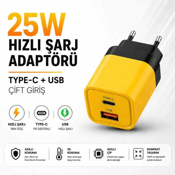 25W Hızlı Şarj Adaptörü Type-C + USB Çift Girişli Akıllı Şarj Başlığı Kompakt Tasarım ürün görseli 1
