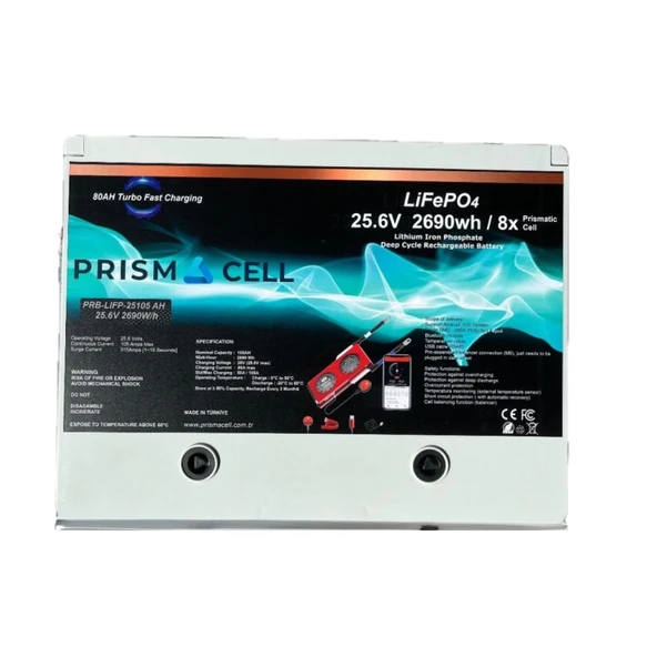 Prismacell 25.6 105AH 105A 105 Amper LiFePo4 Akü ABS Kasa (24V 100 Amper Lityum Batarya) Solar Akü ürün görseli 1