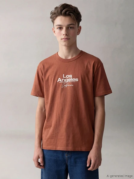 LCW Kids Kahverengi Los Angeles Baskılı Erkek Çocuk Tişört ürün görseli 1