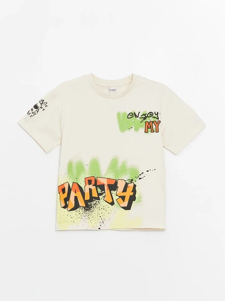 LCW Kids Bej Oversize Bisiklet Yaka Erkek Çocuk Tişört ürün görseli 1