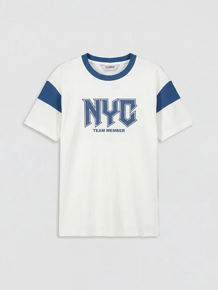 LCW Kids Ekru Bisiklet Yaka NYC Baskılı Erkek Çocuk Tişört ürün görseli 1