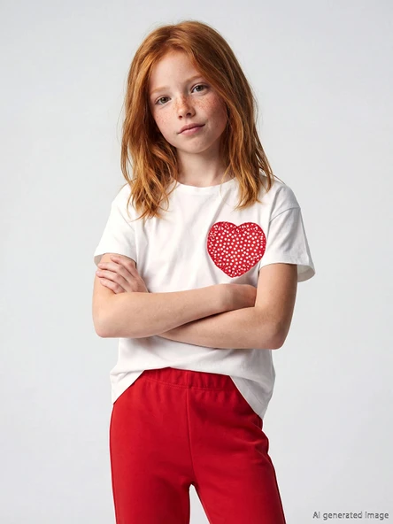 LCW Kids Ekru Bisiklet Yaka Kalp Nakışlı Kız Çocuk Tişört ürün görseli 1