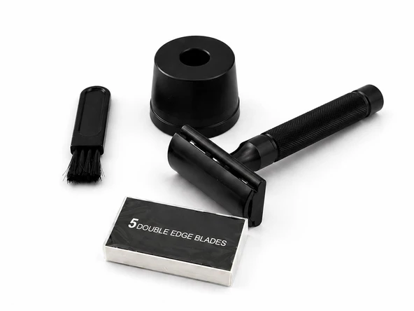 Valkyrie Siyah Metal Tıraş Seti – Double Edge Klasik Tıraş Aleti + Yedek Jilet + Fırça + Stand ürün görseli 1