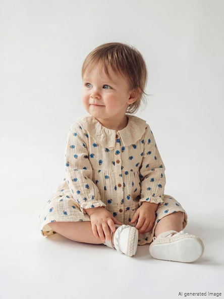 LCW baby Ekru Bebe Yaka Çiçek Desenli Kız Bebek Elbise ürün görseli 1