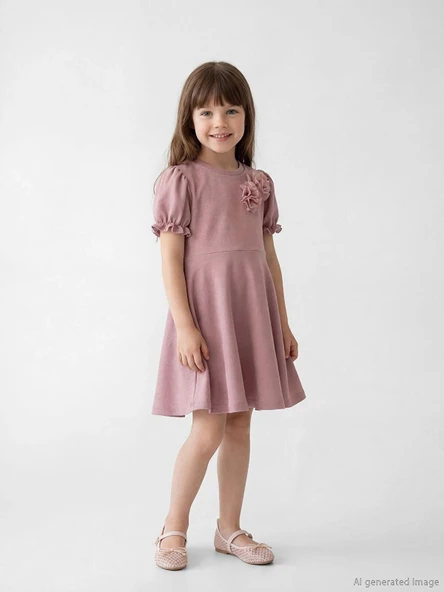 LCW Kids Pembe Bisiklet Yaka Çiçek Detaylı Kız Çocuk Elbise ürün görseli 1