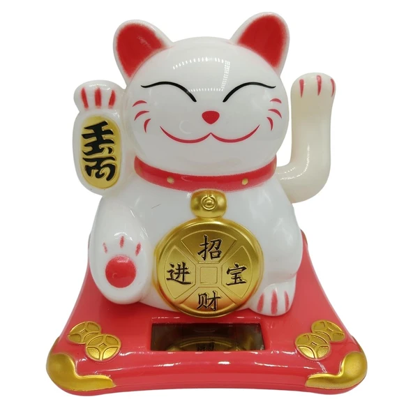 Maneki Neko El Sallayan Şans Kedisi Beyaz Solar Güneş Enerjili 10x10cm NO4B01 ürün görseli 1