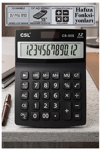 Hesap Makinesi Siyah 12.5x17 cm 1 Adet Csl Cs-55s 12 Haneli Orta Boy Okul Ofis Büro Masaüstü Hesap Makinası ürün görseli 1