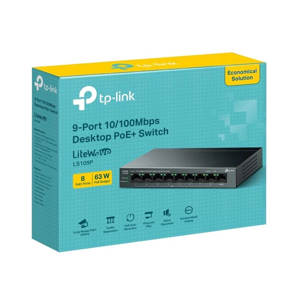 TP-LINK LS109P 8 PORT 10/100 +1 PORT RJ45 UPLINK 63W 250 METRE POE MESAFE METAL KASA SWITCH ürün görseli 1