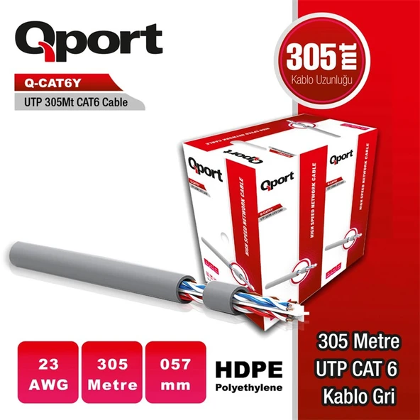 QPORT Q-CAT6Y 305M UTP 0,57MM CAT6 23 AWG GRI KABLO ürün görseli 1
