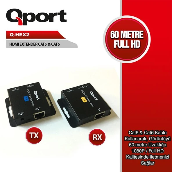 QPORT Q-HEX2 HDMI EXTENDER CAT6 60M 2 Lİ PAKET (ADAPTÖR DAHİL) ürün görseli 1