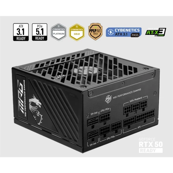 MSI PSU MPG A1250GS PCIE5 1250W 80+ GOLD ATX 3.1 PCIE 5.1 2X 12V-2X6 POWER SUPPLY ürün görseli 1