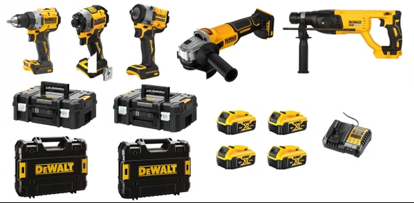 Dewalt 5'li Set 18V (Kırıcı Delici, Taşlama, Darbesiz Matkap, Vidalama, Somun Sıkma) 4 adet x 5 amper Akü, 1 adet x Şarj Cihazı, 4 adet Çanta ürün görseli 1