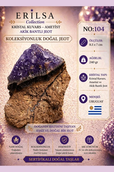 Sertifikalı Kristal Kuvars Ametist Akik Bantlı Jeot Doğal Taş Koleksiyonluk 8.5x7 cm 240 gr NO104 ürün görseli 1
