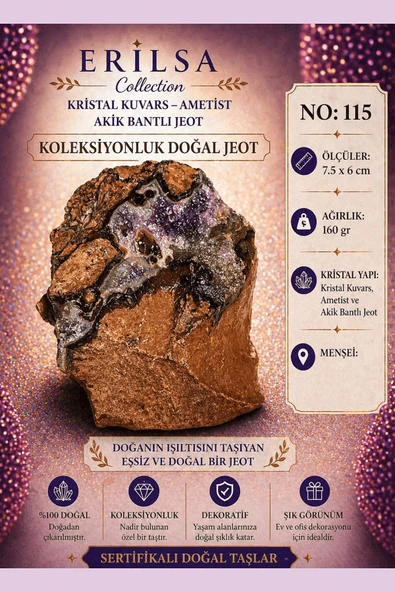 Sertifikalı Kristal Kuvars Ametist Akik Bantlı Jeot Koleksiyonluk Doğal Taş Dekoratif Obje NO115 ürün görseli 1