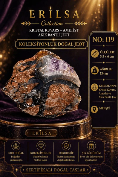 Sertifikalı Kristal Kuvars Ametist Akik Bantlı Jeot Koleksiyonluk Doğal Taş Dekoratif Obje NO119 ürün görseli 1