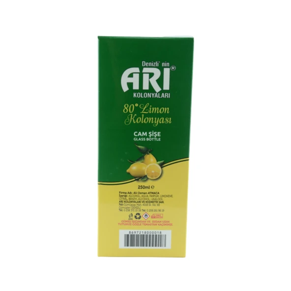 Arı Kolonya 80° Limon 250 ml - Ferahlatıcı ve Temizleyici Cam Şişe ürün görseli 1