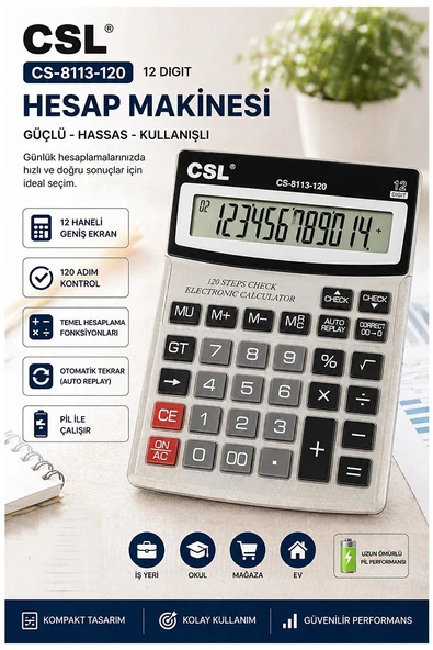 Hesap Makinesi Siyah 12x16 cm 1 Adet Csl Cs-8113-120 12 Haneli Orta Boy Büro Masaüstü Hesap Makinası ürün görseli 1
