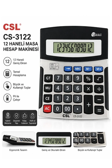 Hesap Makinesi Gri Siyah 11x13 cm 1 Adet Csl Cs-3122 12 Haneli Orta Boy Ofis Büro Masaüstü Hesap Makinası ürün görseli 1