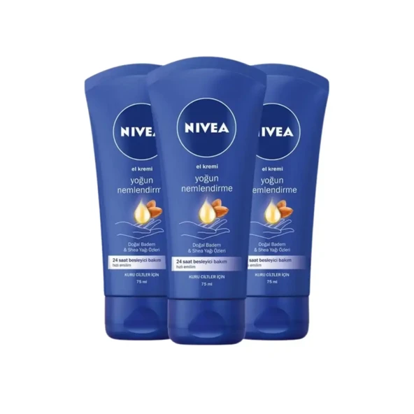 Nivea Yoğun Nemlendirici ve Besleyici El Bakım Kremi 75ml, Doğal Badem, Shea Yağı Özü, Kuru Cilt, X3 Adet ürün görseli 1