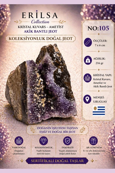 Sertifikalı Kristal Kuvars Ametist Akik Bantlı Jeot Doğal Taş Koleksiyonluk 7x6 cm 216 gr NO105 ürün görseli 1