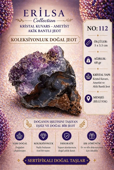 Sertifikalı Kristal Kuvars Ametist Akik Bantlı Jeot Koleksiyonluk Doğal Taş Dekoratif Obje NO112 ürün görseli 1