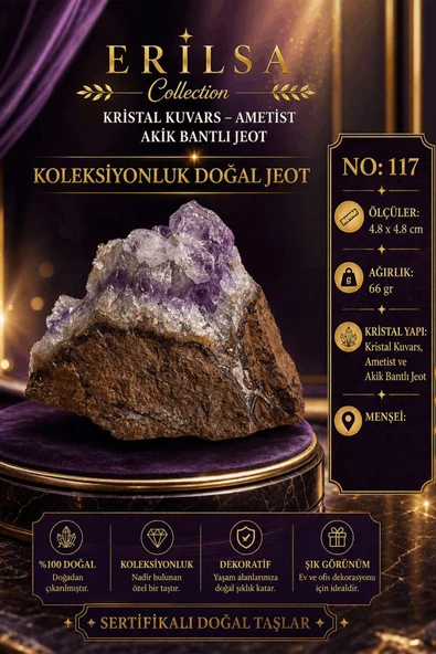 Sertifikalı Kristal Kuvars Ametist Akik Bantlı Jeot Koleksiyonluk Doğal Taş Dekoratif Obje NO117 ürün görseli 1