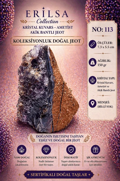 Sertifikalı Kristal Kuvars Ametist Akik Bantlı Jeot Koleksiyonluk Doğal Taş Dekoratif Obje NO113 ürün görseli 1