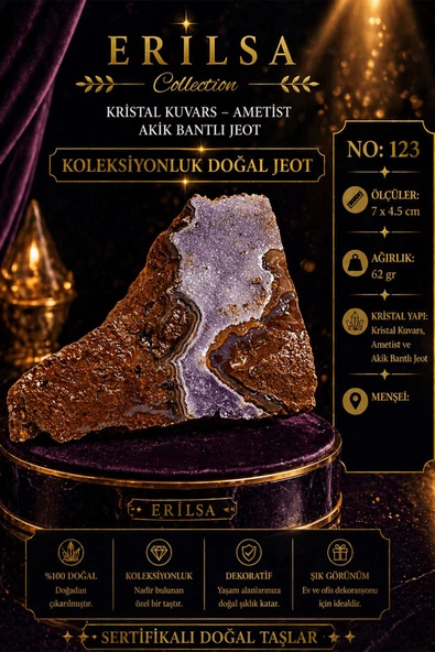 Sertifikalı Kristal Kuvars Ametist Akik Bantlı Jeot Koleksiyonluk Doğal Taş Dekoratif Obje NO123 ürün görseli 1