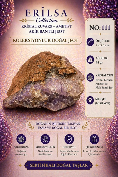 Sertifikalı Kristal Kuvars Ametist Akik Bantlı Jeot Koleksiyonluk Doğal Taş Dekoratif Obje NO111 ürün görseli 1