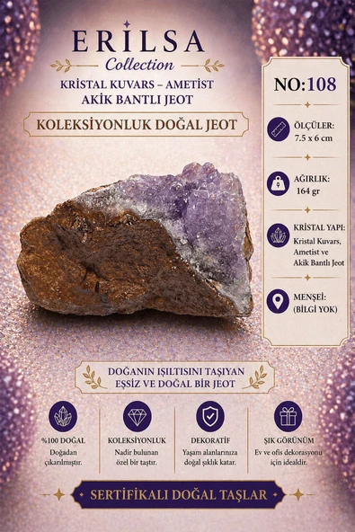 Sertifikalı Kristal Kuvars Ametist Akik Bantlı Jeot Doğal Taş Koleksiyonluk 7.5x6 cm 164 gr NO108 ürün görseli 1
