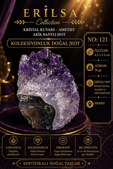 Sertifikalı Kristal Kuvars Ametist Akik Bantlı Jeot Koleksiyonluk Doğal Taş Dekoratif Obje NO121 ürün görseli 1