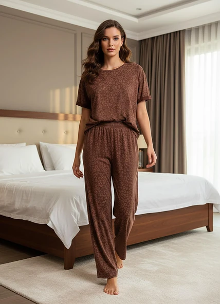 Mihra Kadın Oysho Bisiklet Yaka Kısa Kol İnce Pijama Takımı 20102KL - 1 Adet  XL Kahverengi ürün görseli 1